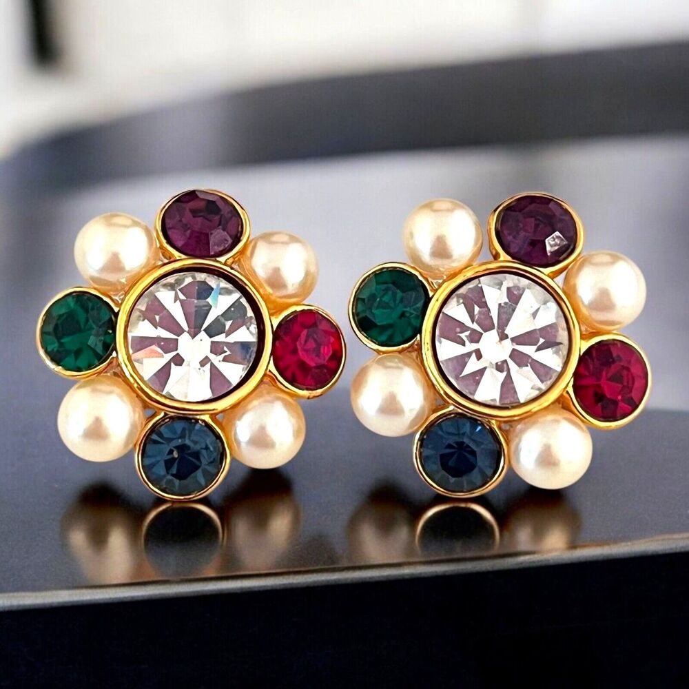 Vintage 1980s Jewel Tone Crystal Pearl Earrings Gold Tone Clip On - 7N